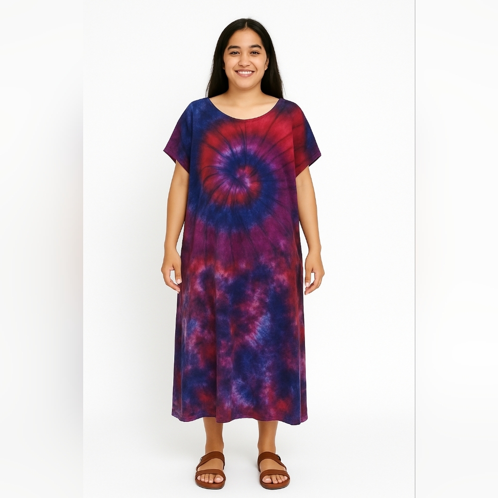 Spiral Scrunch Tie Dye Dress Red Blue and Purple One of a Kind